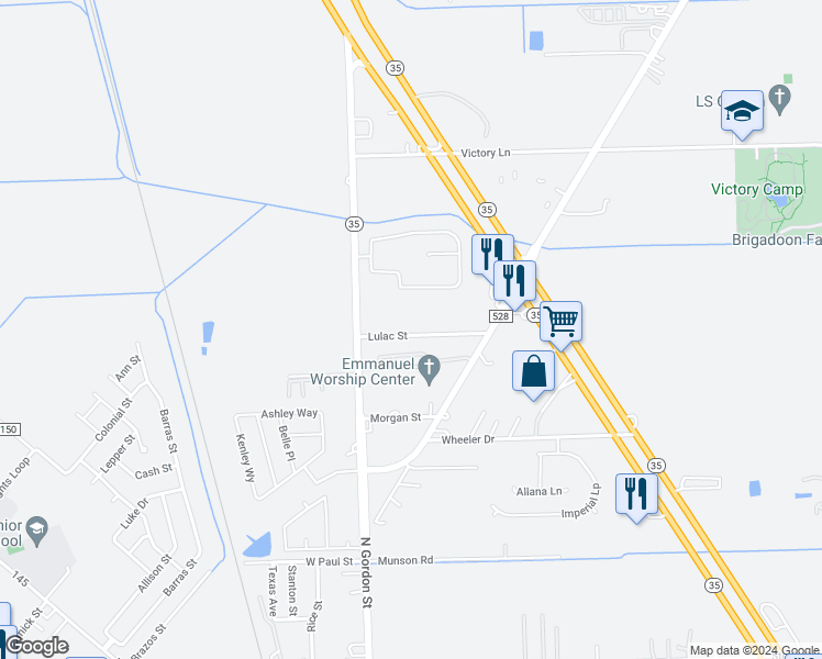 map of restaurants, bars, coffee shops, grocery stores, and more near 211 Lulac Street in Alvin