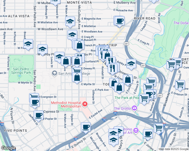 map of restaurants, bars, coffee shops, grocery stores, and more near 512 East Dewey Place in San Antonio