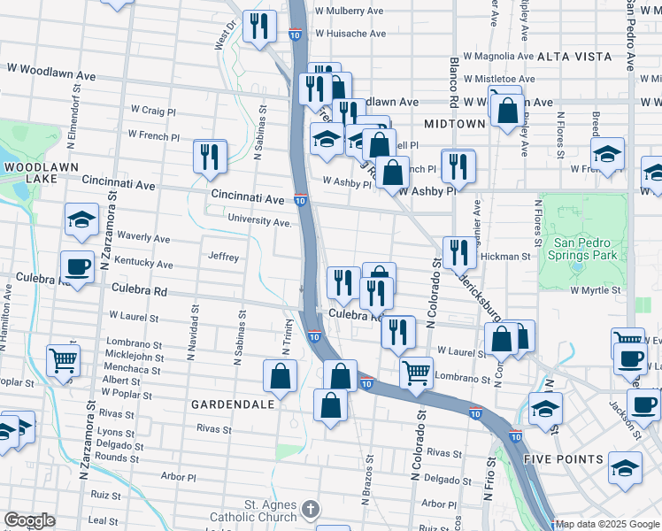 map of restaurants, bars, coffee shops, grocery stores, and more near 230 Yale Avenue in San Antonio