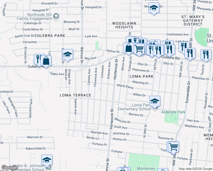 map of restaurants, bars, coffee shops, grocery stores, and more near 307 Dolores Avenue in San Antonio