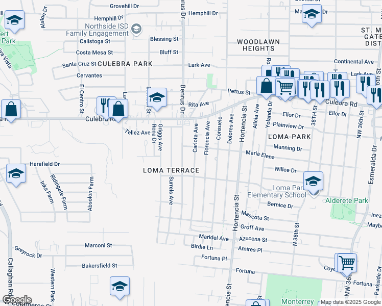 map of restaurants, bars, coffee shops, grocery stores, and more near 303 Carlota Avenue in San Antonio