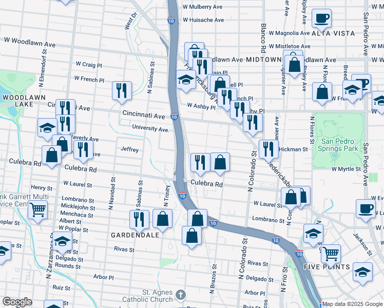 map of restaurants, bars, coffee shops, grocery stores, and more near 230 Yale Avenue in San Antonio