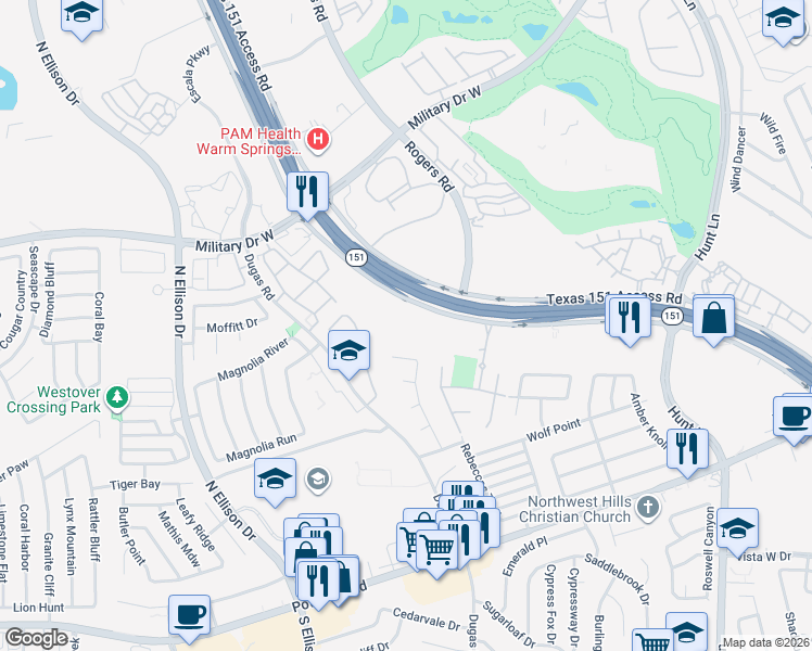 map of restaurants, bars, coffee shops, grocery stores, and more near 10130 Texas 151 in San Antonio