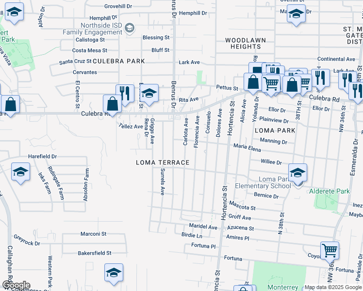 map of restaurants, bars, coffee shops, grocery stores, and more near 303 Carlota Avenue in San Antonio