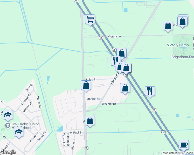 map of restaurants, bars, coffee shops, grocery stores, and more near 211 Lulac Street in Alvin