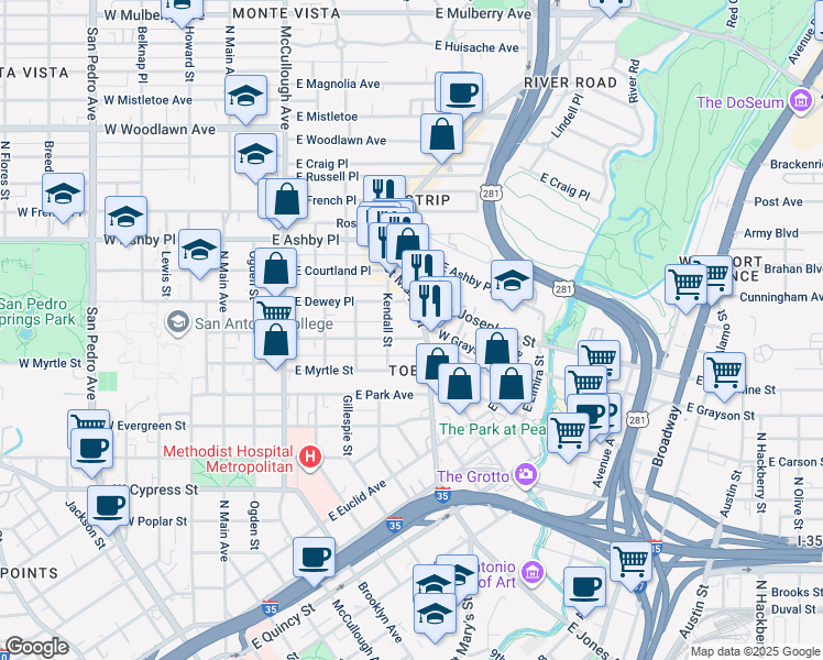 map of restaurants, bars, coffee shops, grocery stores, and more near 615 East Locust Street in San Antonio