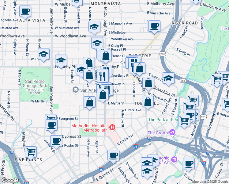 map of restaurants, bars, coffee shops, grocery stores, and more near 520 Paschal Street in San Antonio