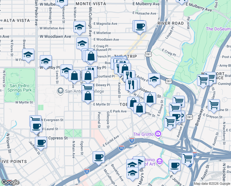 map of restaurants, bars, coffee shops, grocery stores, and more near 512 East Dewey Place in San Antonio