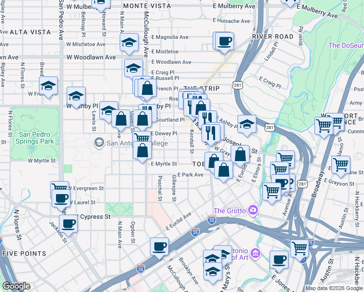 map of restaurants, bars, coffee shops, grocery stores, and more near 512 East Dewey Place in San Antonio