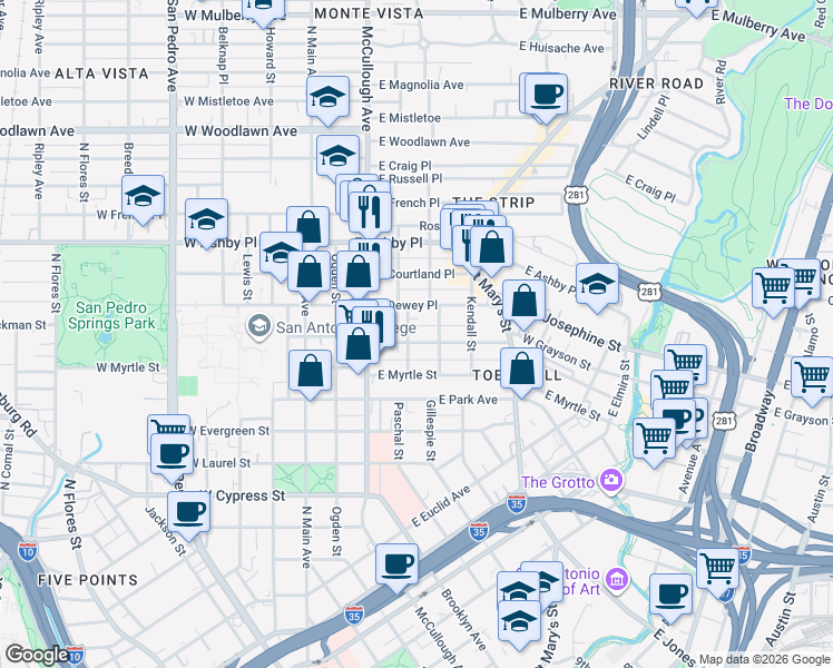 map of restaurants, bars, coffee shops, grocery stores, and more near 520 Paschal Street in San Antonio