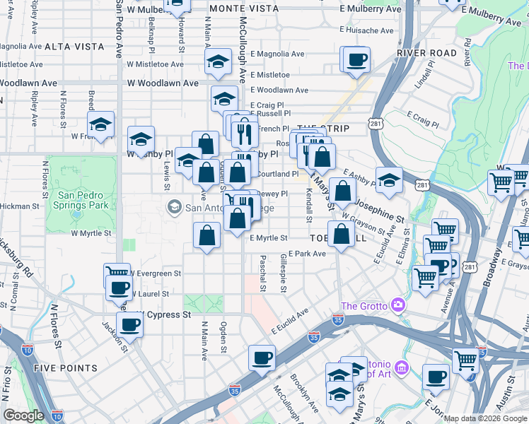 map of restaurants, bars, coffee shops, grocery stores, and more near 520 Paschal Street in San Antonio