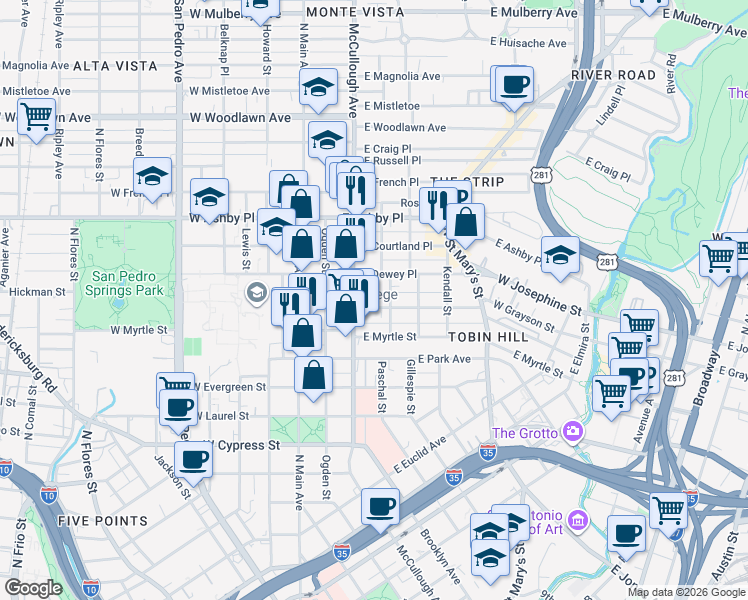 map of restaurants, bars, coffee shops, grocery stores, and more near 1814 McCullough Avenue in San Antonio