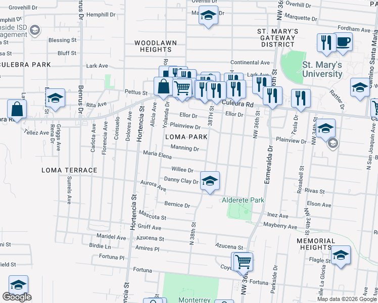 map of restaurants, bars, coffee shops, grocery stores, and more near 123 Manning in San Antonio