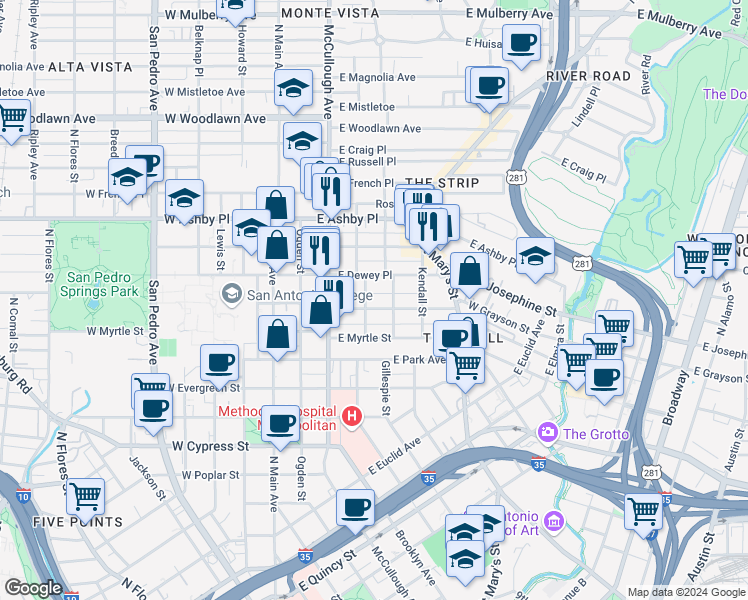 map of restaurants, bars, coffee shops, grocery stores, and more near 520 Paschal Street in San Antonio