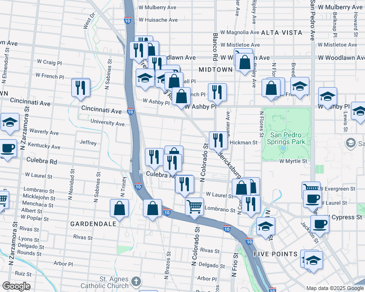map of restaurants, bars, coffee shops, grocery stores, and more near 101 Yale Avenue in San Antonio