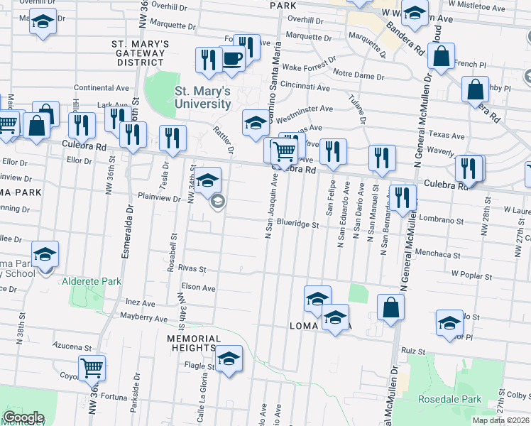map of restaurants, bars, coffee shops, grocery stores, and more near 627 North San Joaquin Avenue in San Antonio