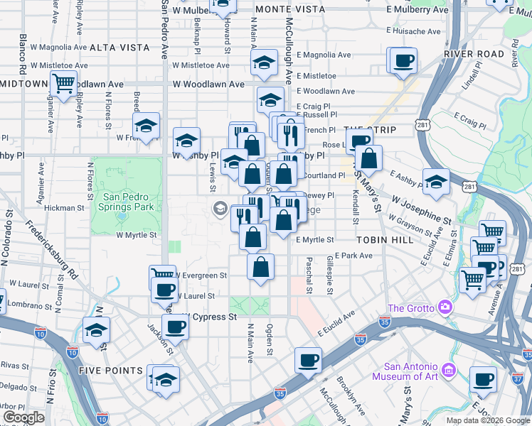 map of restaurants, bars, coffee shops, grocery stores, and more near 123 East Locust Street in San Antonio