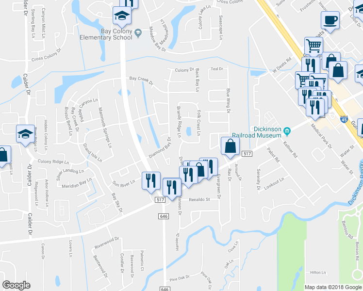 map of restaurants, bars, coffee shops, grocery stores, and more near 249 Drake Run Lane in Dickinson