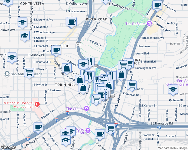 map of restaurants, bars, coffee shops, grocery stores, and more near 101 West Josephine Street in San Antonio