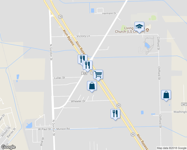 map of restaurants, bars, coffee shops, grocery stores, and more near 2611 Alvin Bypass in Alvin