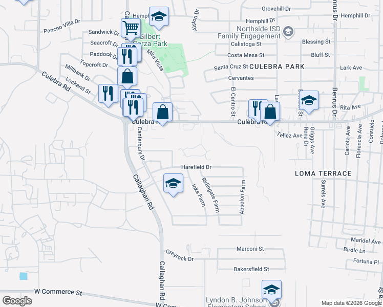 map of restaurants, bars, coffee shops, grocery stores, and more near 5518 Culebra Road in San Antonio