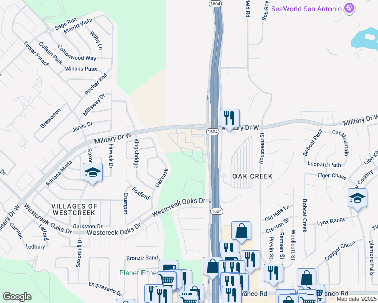 map of restaurants, bars, coffee shops, grocery stores, and more near 1297 West Loop 1604 North in San Antonio