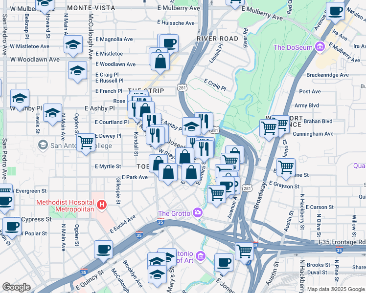 map of restaurants, bars, coffee shops, grocery stores, and more near in San Antonio