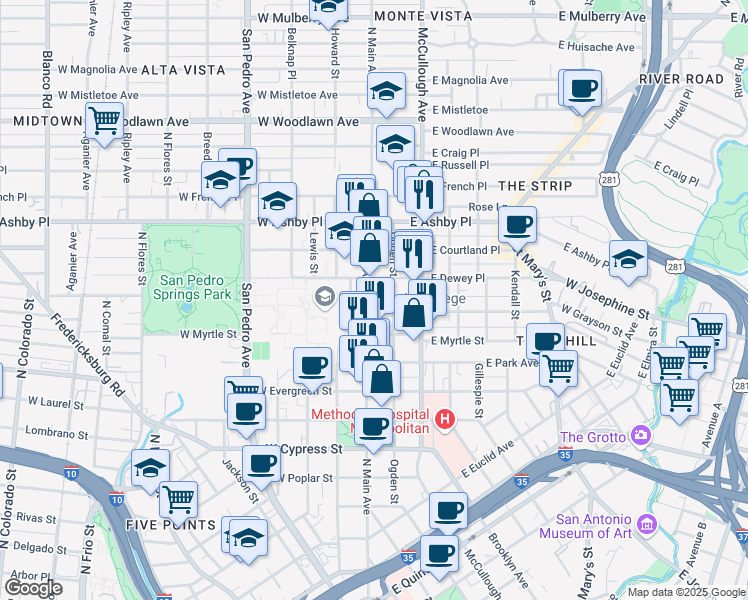 map of restaurants, bars, coffee shops, grocery stores, and more near 1819 North Main Avenue in San Antonio