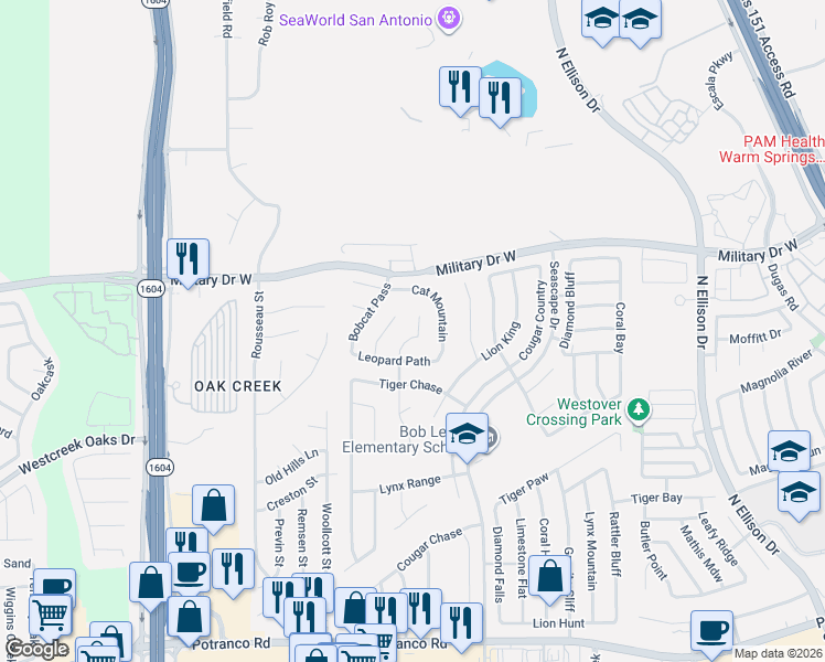 map of restaurants, bars, coffee shops, grocery stores, and more near 1247 Lynx Bend in San Antonio