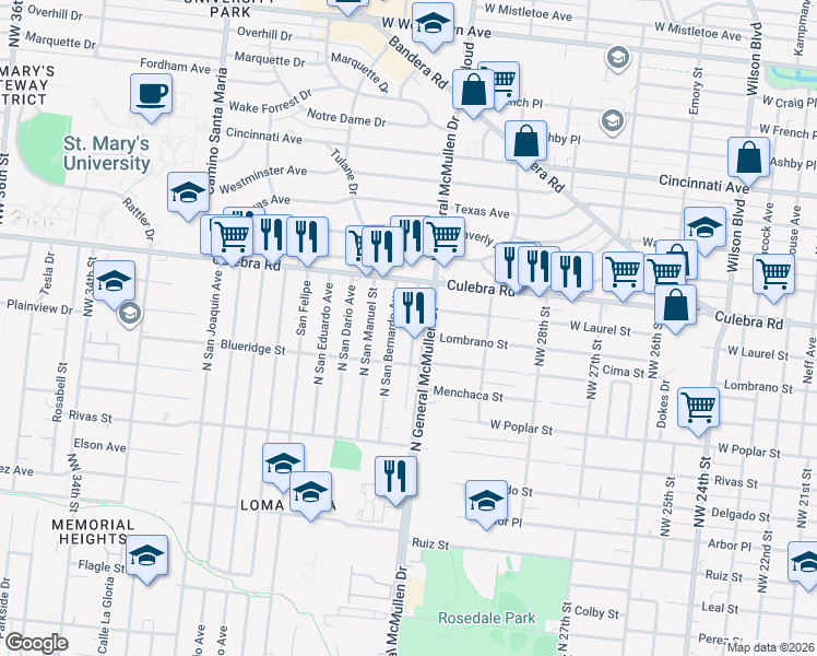 map of restaurants, bars, coffee shops, grocery stores, and more near 647 North San Augustine Avenue in San Antonio