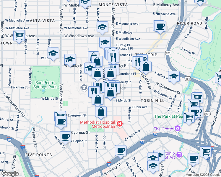 map of restaurants, bars, coffee shops, grocery stores, and more near 1814 McCullough Avenue in San Antonio