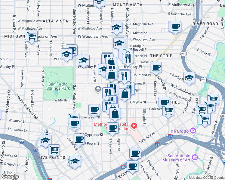 map of restaurants, bars, coffee shops, grocery stores, and more near 1802 North Main Avenue in San Antonio