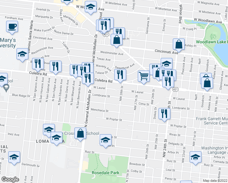 map of restaurants, bars, coffee shops, grocery stores, and more near 3322 West Laurel in San Antonio