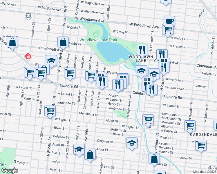 map of restaurants, bars, coffee shops, grocery stores, and more near 1210 Kentucky Avenue in San Antonio