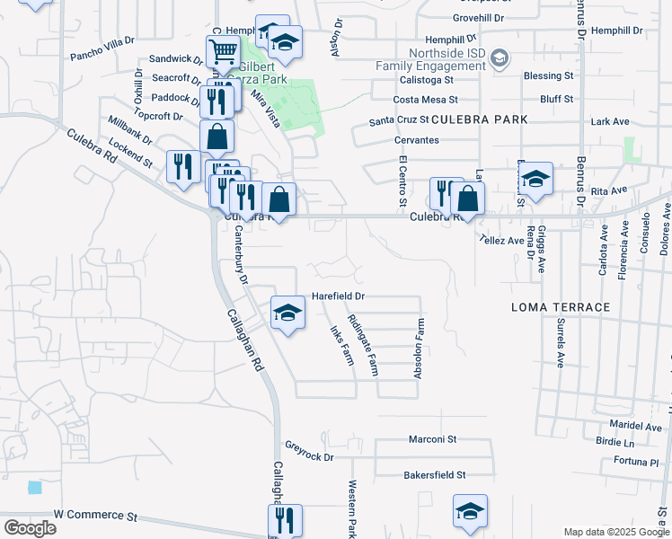 map of restaurants, bars, coffee shops, grocery stores, and more near 5518 Culebra Road in San Antonio