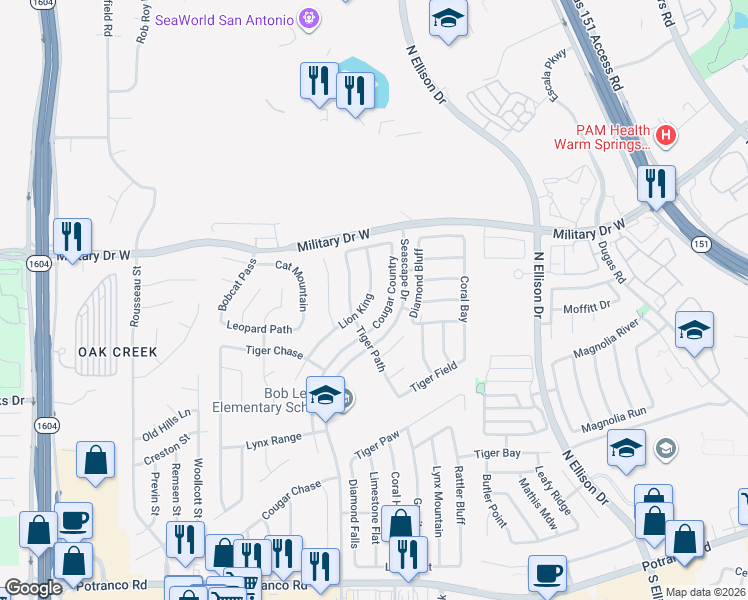 map of restaurants, bars, coffee shops, grocery stores, and more near 1238 Lion King in San Antonio