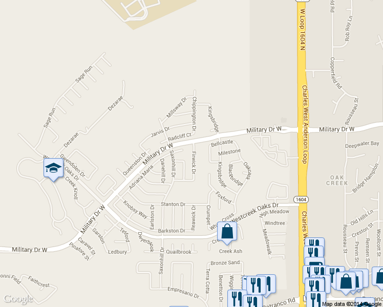 map of restaurants, bars, coffee shops, grocery stores, and more near 11702 Adriana Maria in San Antonio