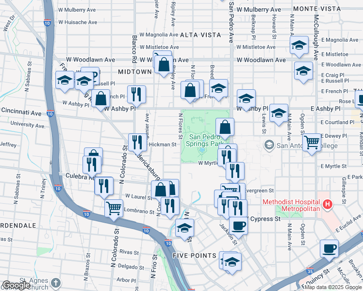 map of restaurants, bars, coffee shops, grocery stores, and more near 2098 North Flores Street in San Antonio