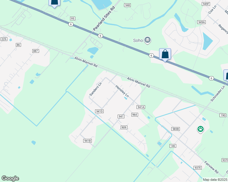 map of restaurants, bars, coffee shops, grocery stores, and more near 524 County Road 941D in Alvin