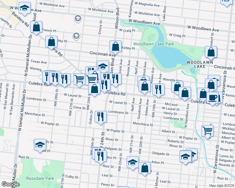 map of restaurants, bars, coffee shops, grocery stores, and more near in San Antonio