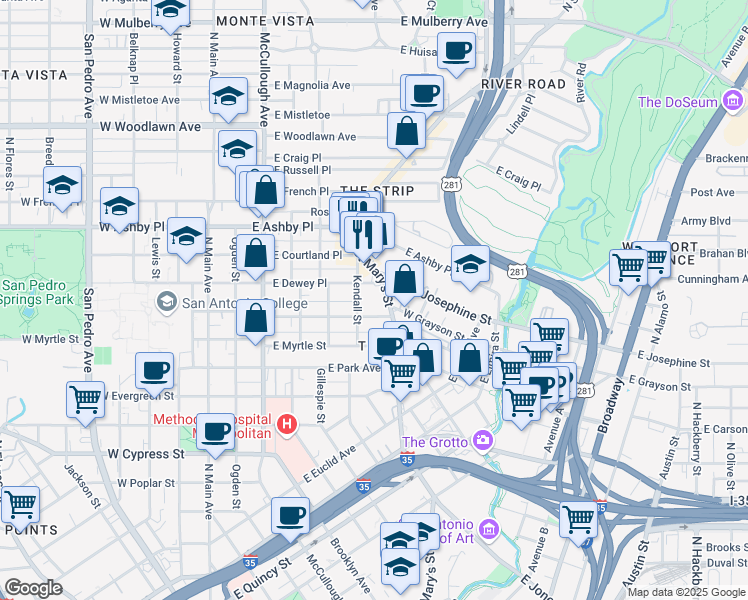 map of restaurants, bars, coffee shops, grocery stores, and more near 613 East Locust Street in San Antonio