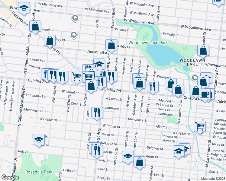 map of restaurants, bars, coffee shops, grocery stores, and more near in San Antonio
