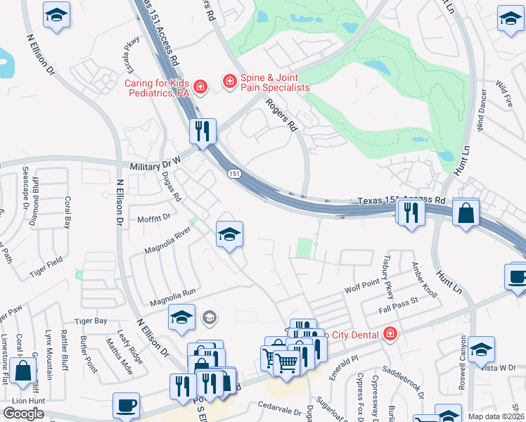 map of restaurants, bars, coffee shops, grocery stores, and more near Texas 151 Access Rd in San Antonio