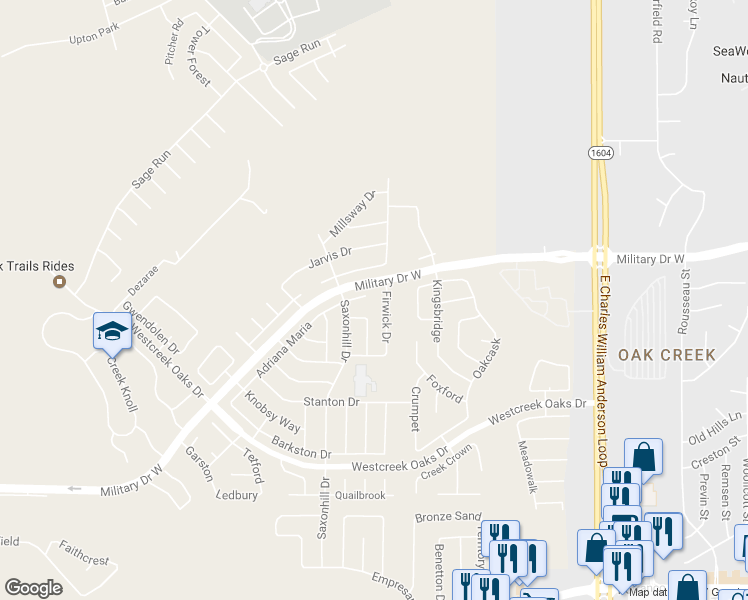 map of restaurants, bars, coffee shops, grocery stores, and more near 11702 Adriana Maria in San Antonio