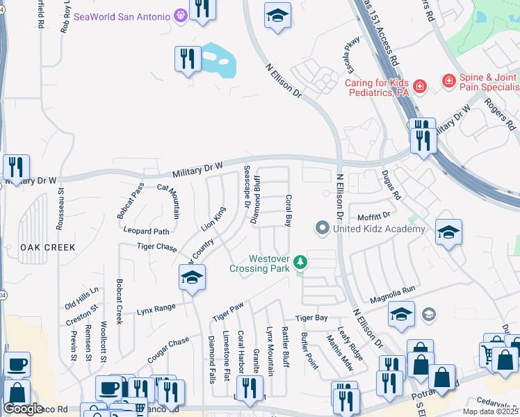 map of restaurants, bars, coffee shops, grocery stores, and more near 1315 Diamond Bluff in San Antonio