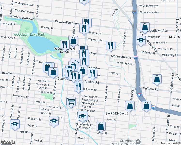 map of restaurants, bars, coffee shops, grocery stores, and more near 811 Kentucky Avenue in San Antonio