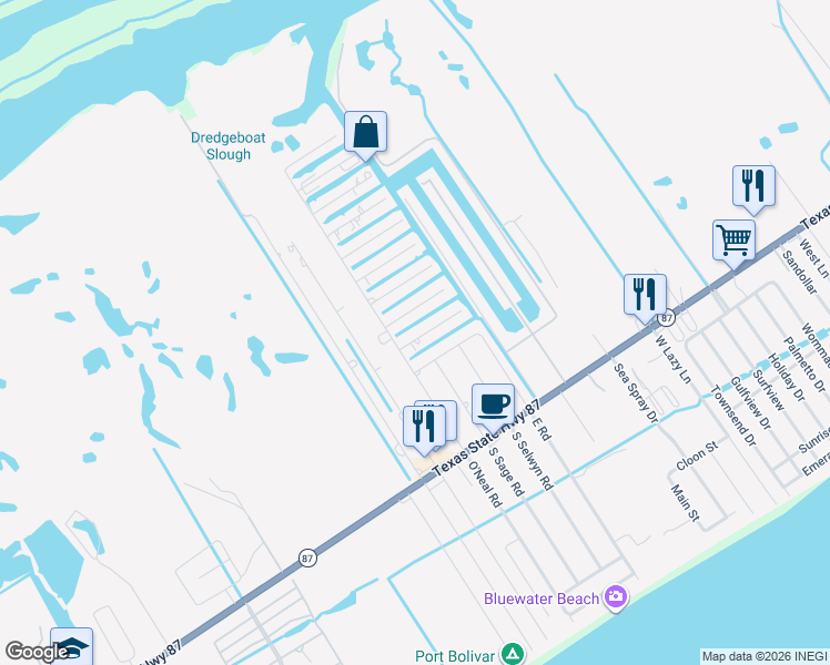 map of restaurants, bars, coffee shops, grocery stores, and more near 1109 Mayes Road in Bolivar Peninsula