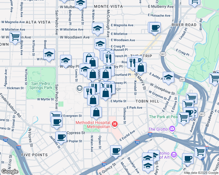 map of restaurants, bars, coffee shops, grocery stores, and more near 1814 McCullough Avenue in San Antonio