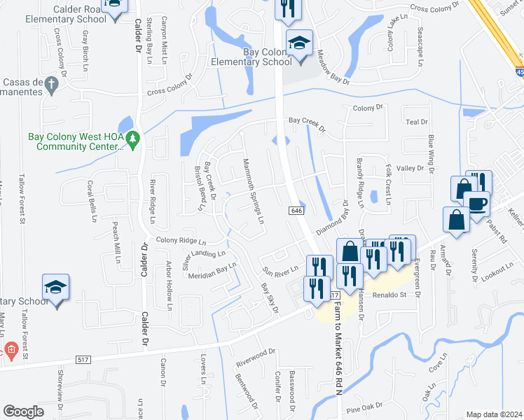 map of restaurants, bars, coffee shops, grocery stores, and more near 315 Mammoth Springs Lane in Dickinson