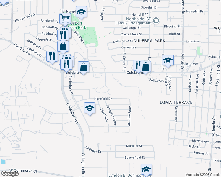 map of restaurants, bars, coffee shops, grocery stores, and more near 5518 Culebra Road in San Antonio